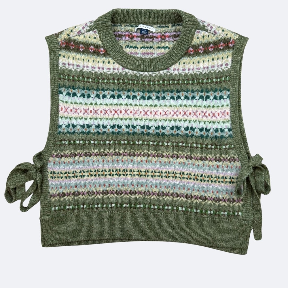 American Eagle Sweater Vest Womens M Green Fair Isle Knit Side Tie Crew Neck